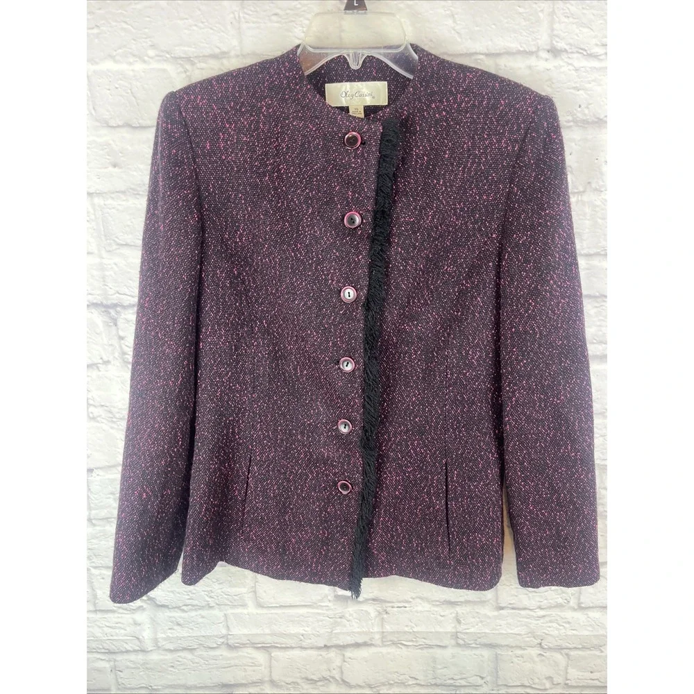 Oleg Cassini VTG Women's Old Money Tweed Fringe Lined Blazer Jacket Size 10